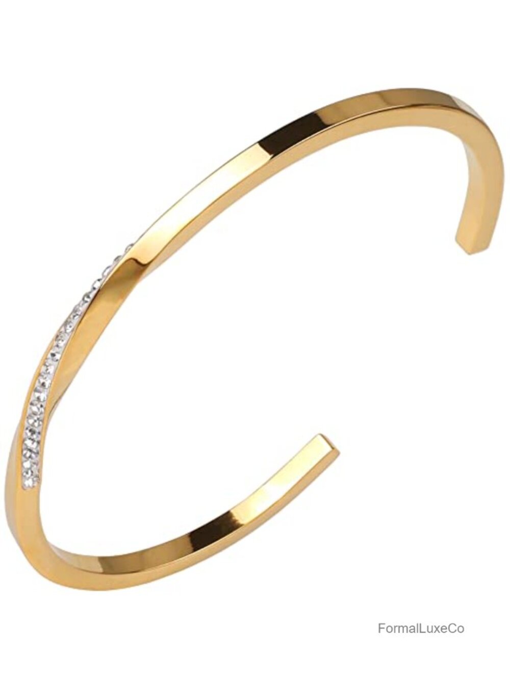 Adjustable Open Cuff Bracelet with Cubic Zirconia, 18K Gold Plated Stainless
